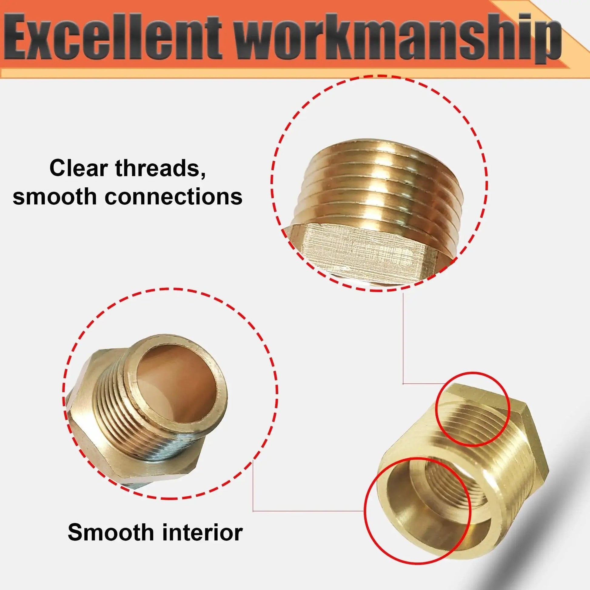 Brass 3/4 Inch NPT Male To 1/4 Inch Female NPT Reducer Bushing Hex Pipe Fitting Adapter showing smooth threads and interior