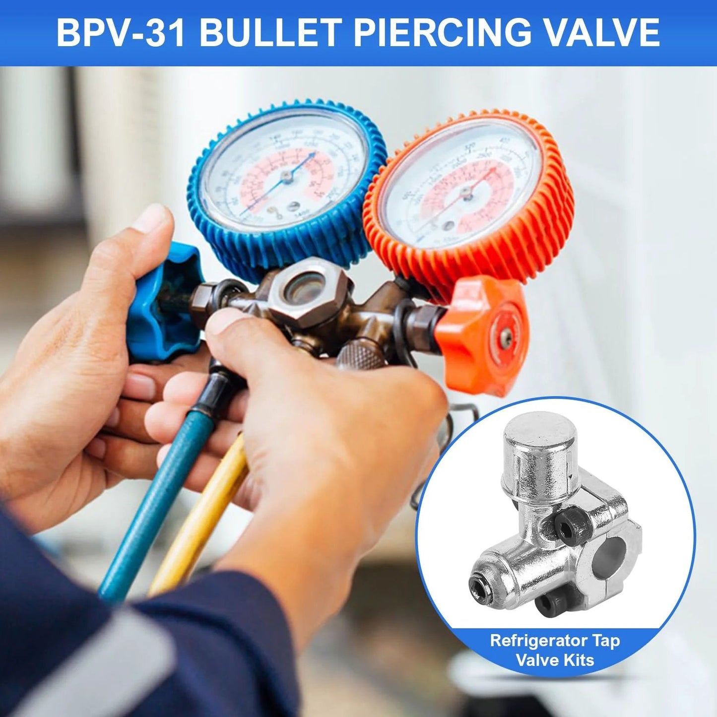 Technician using BPV-31 Bullet Piercing Valve on HVAC system with close-up of valve inset.