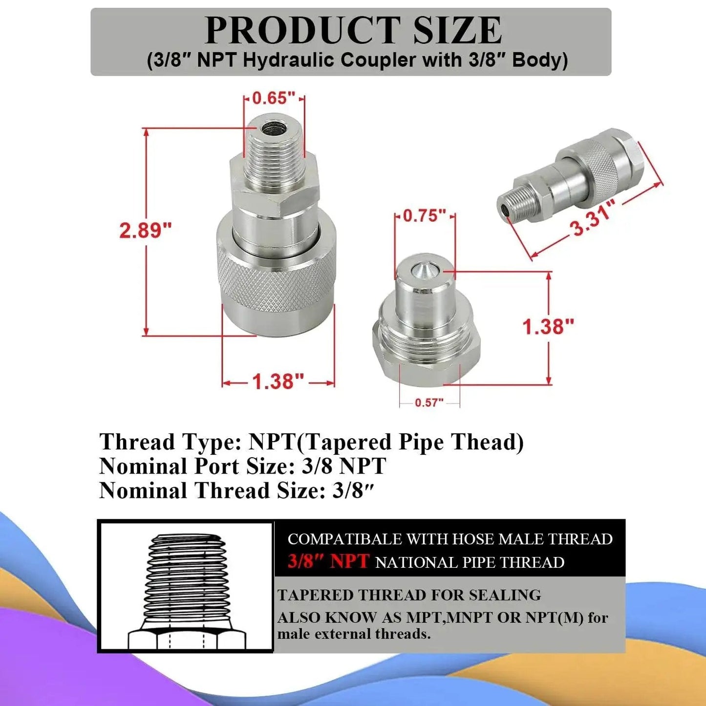 Three Eighths Inch NPT Hydraulic Quick Connect Disconnect Coupler 10,000 PSI High Pressure Replaces Enerpac C-604 With Dust Caps
