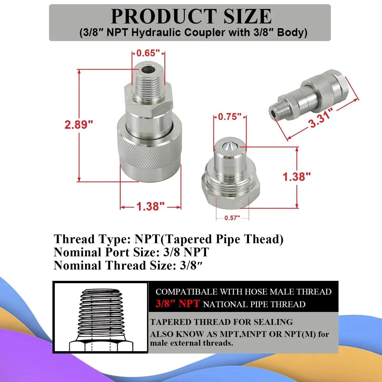 Three Eighths Inch NPT Hydraulic Quick Connect Disconnect Coupler 10,000 PSI High Pressure Replaces Enerpac C-604 With Dust Caps