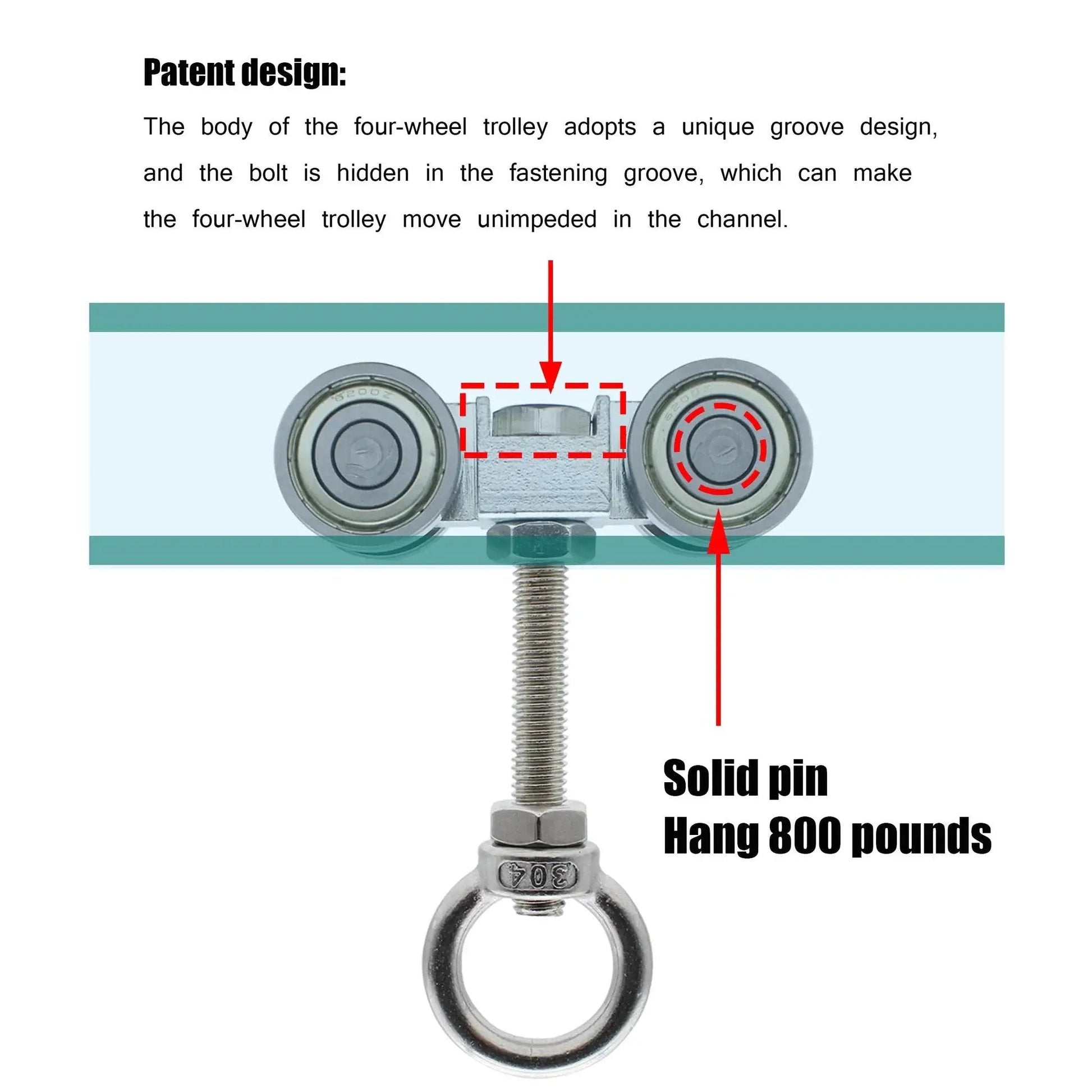 Cross-section view of Four Wheel Trolley Assembly With Silent Pulley For One And Five Eighths Inch Wide And Taller Strut Channel