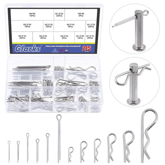 Stainless Steel 304 Cotter Pins And Hairpin R Clips Set 215 Piece Assortment Kit with 12 Sizes for small engines, cars, and trucks.
