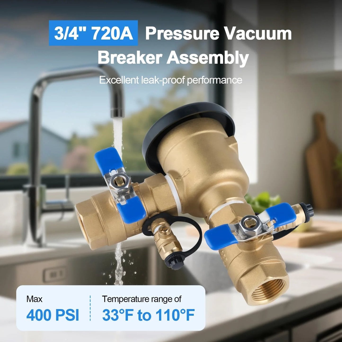 Heavy Duty Three Quarter Inch Brass Pressure Vacuum Breaker Assembly Backflow Preventer For Lawn Irrigation Systems Garden Sprinklers Outdoor Water Lines Anti Siphon Protection Up To 400 PSI in kitchen setting