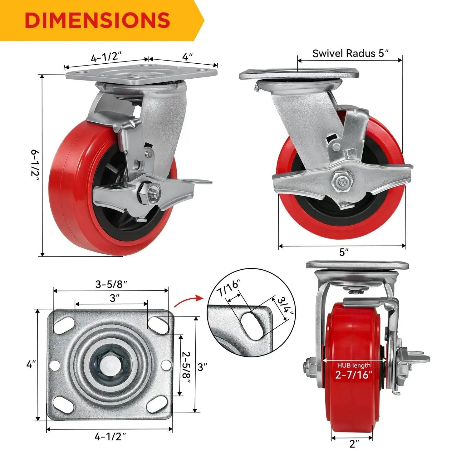 5 Inch Polyurethane Caster Set Of 4 Heavy Duty 3200 Lb Capacity dimensions and features, showing swivel and rigid casters