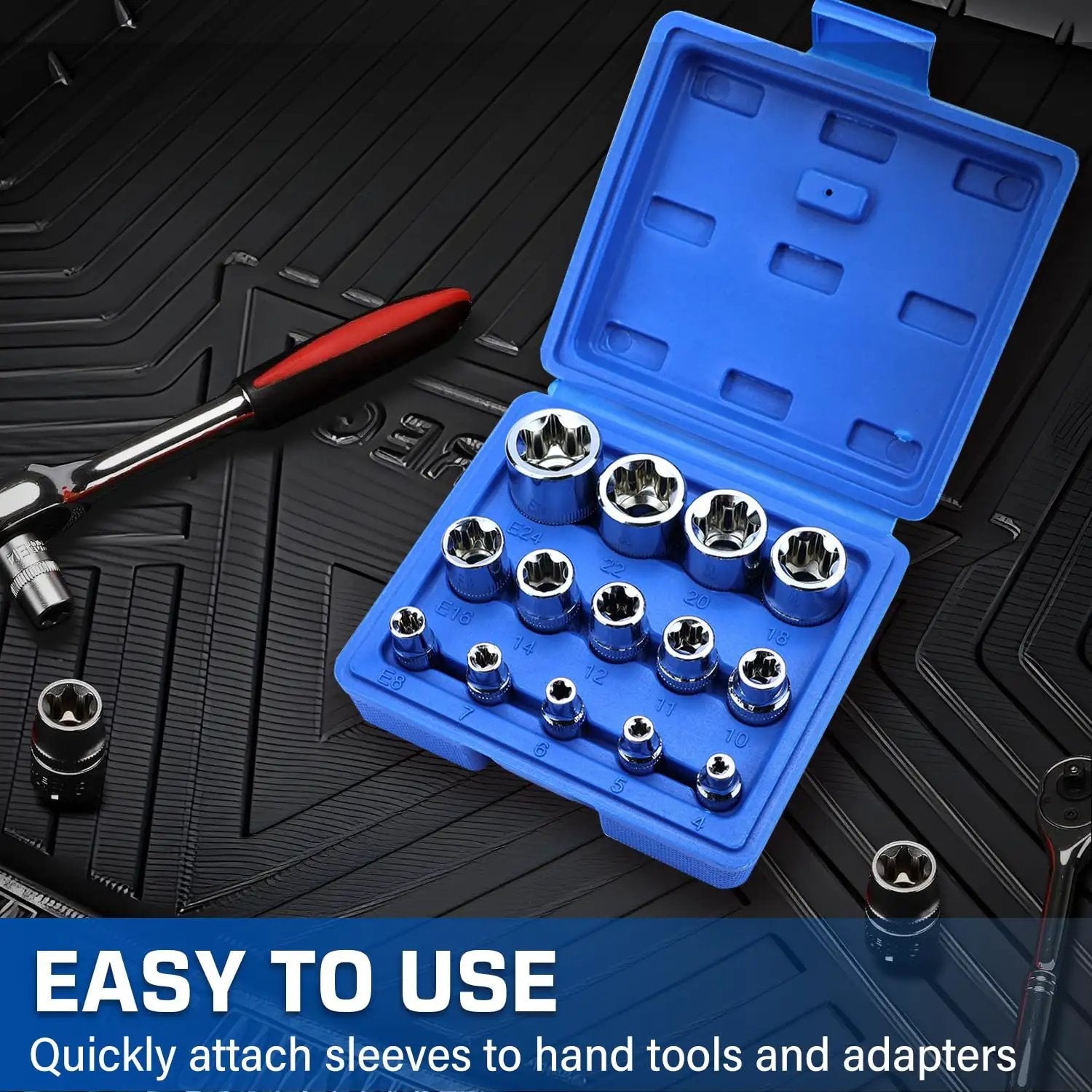 14-Piece Female E-Torx Socket Set with E4 through E24 external star sockets in blue storage case.