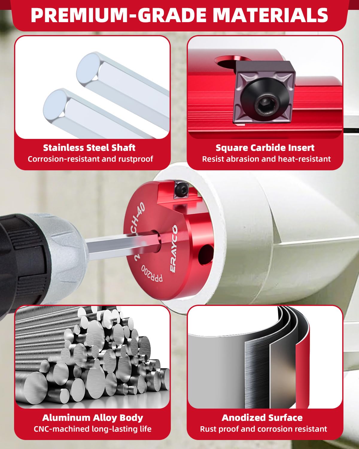 Three Quarter Inch PVC Pipe Reamer Tool for Fittings Fits Standard Half Inch Drills DIY Friendly Plastic Pipe Fitting Saver for SCH40 PVC CPVC ABS Pipes Clean Old Cement and Debris While Saving Labor on Plumbing Repairs showing components and drill attachment.