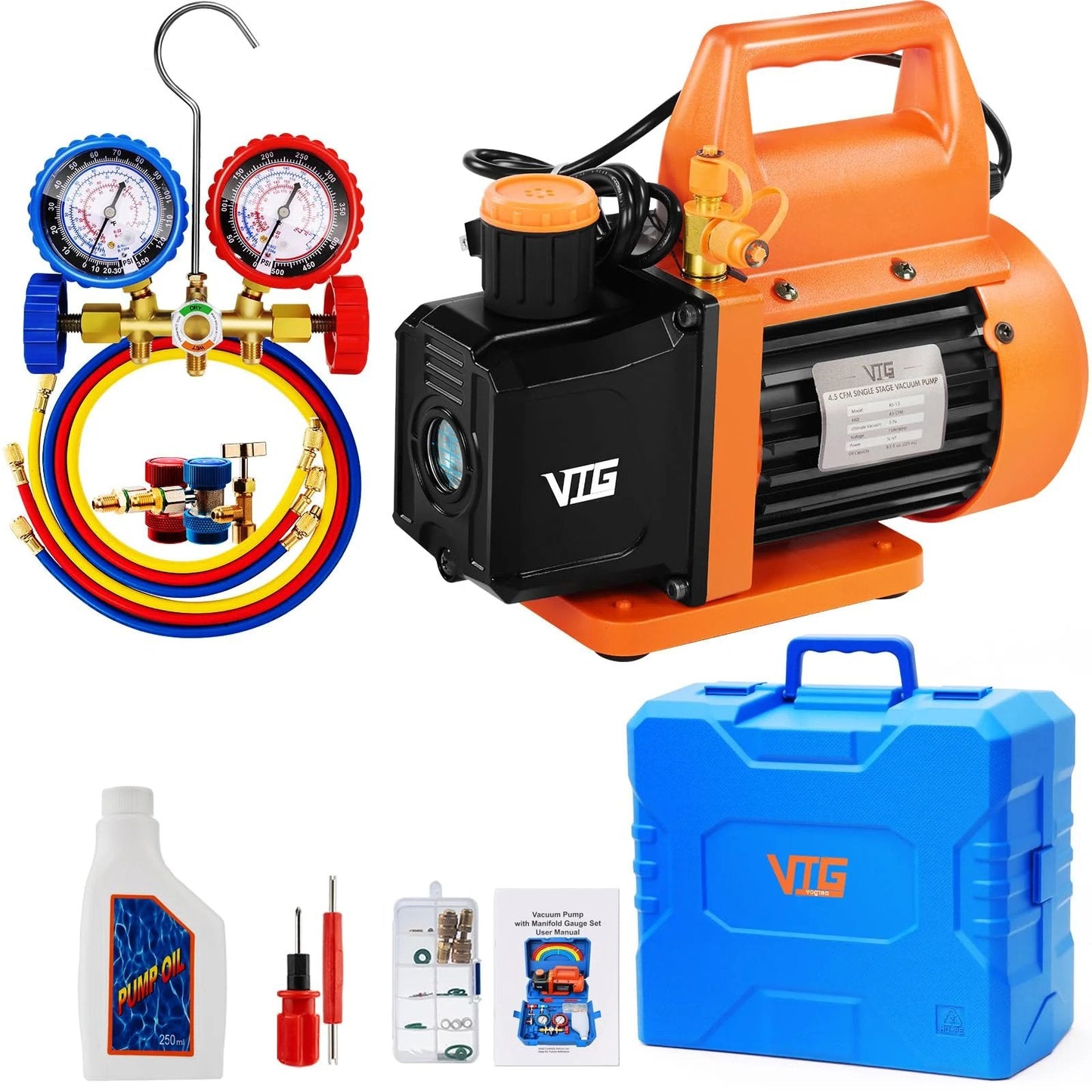 HVAC Vacuum Pump And Gauge Kit With Four Point Five CFM One Third Horsepower For Mini Split And Auto Systems Includes Three Hoses R134a Can Tap R134a R12 R22 R502 Compatibility And Two R410a Adapters Plus Upgraded Trifold Storage Case
