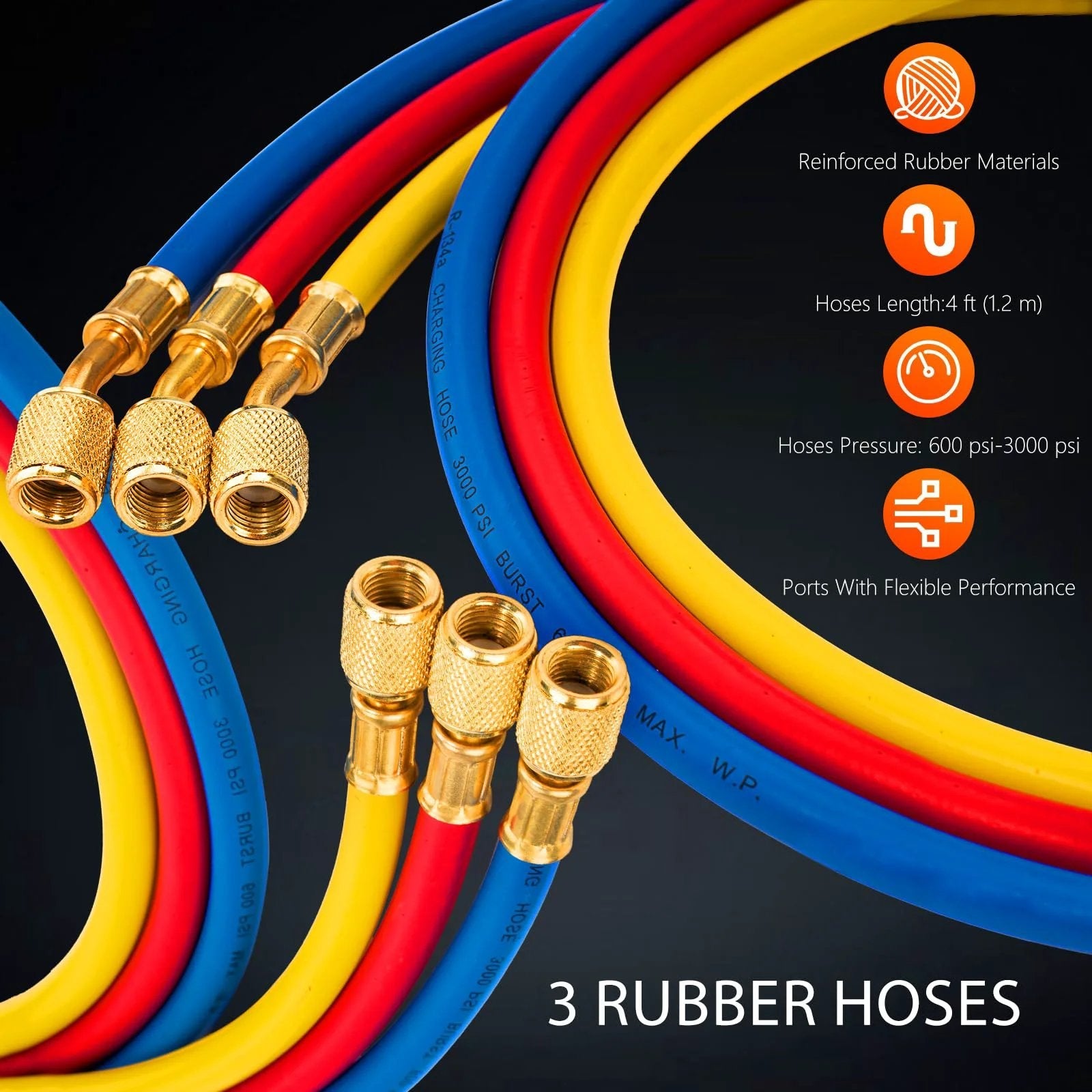 Set of three rubber hoses for HVAC Vacuum Pump And Gauge Kit With Leak Detector For Mini Split And Auto Systems