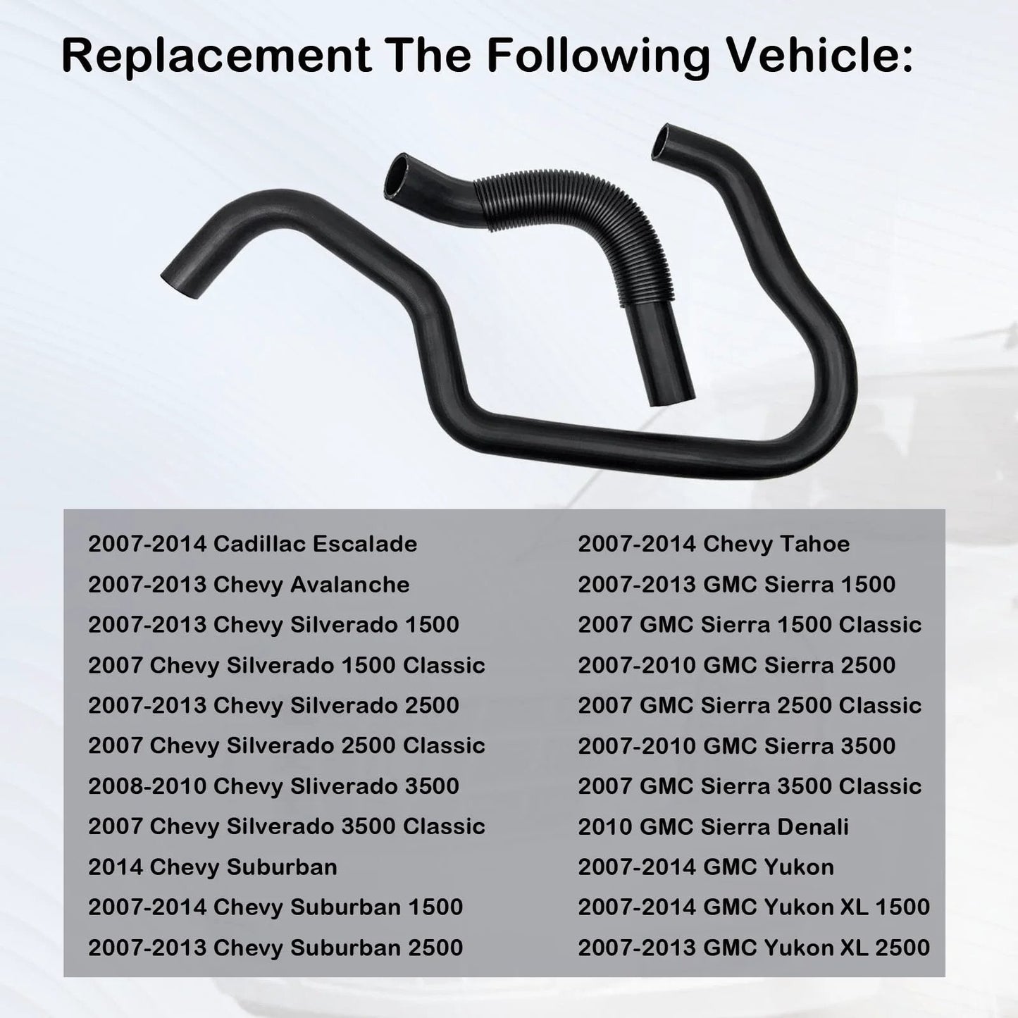 Engine Upper And Lower Radiator Coolant Hose Kit For Cadillac Escalade, Chevy Avalanche, Silverado, Suburban, Tahoe, GMC Sierra, Yukon Replacement 22827731 22827735 Premium Quality Rubber displayed against a vehicle compatibility list background.