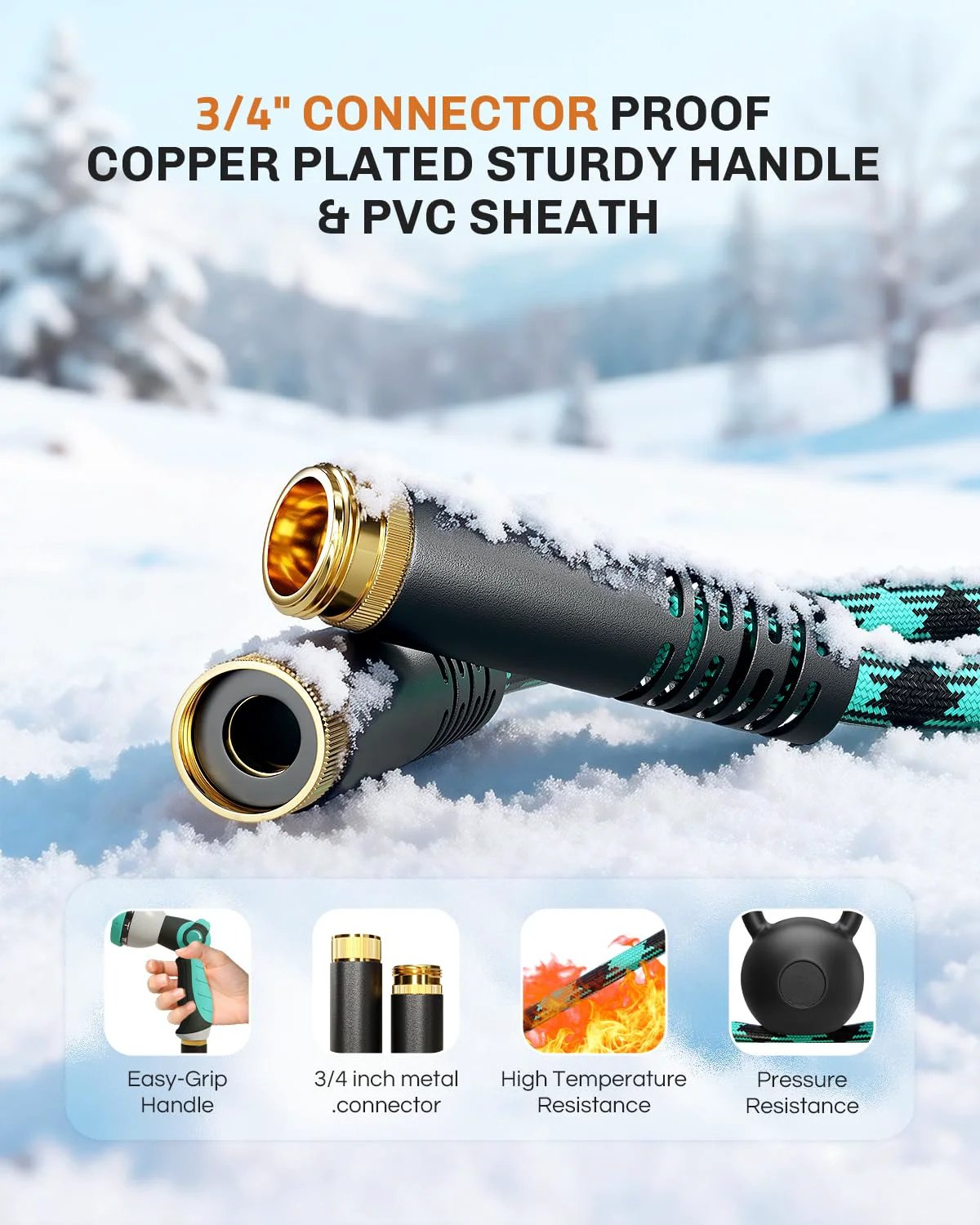 Beefy 50 Ft Garden Hose Non Expanding Flexible Water Hose With 10 Function Sprayer showing 3/4" metal connectors in snow