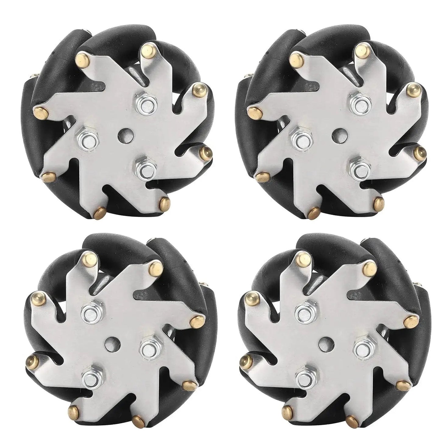 Four Piece 48mm Mecanum Wheel Set for Robot Car Chassis with Directional Left and Right Wheels, each with eight rollers, top view