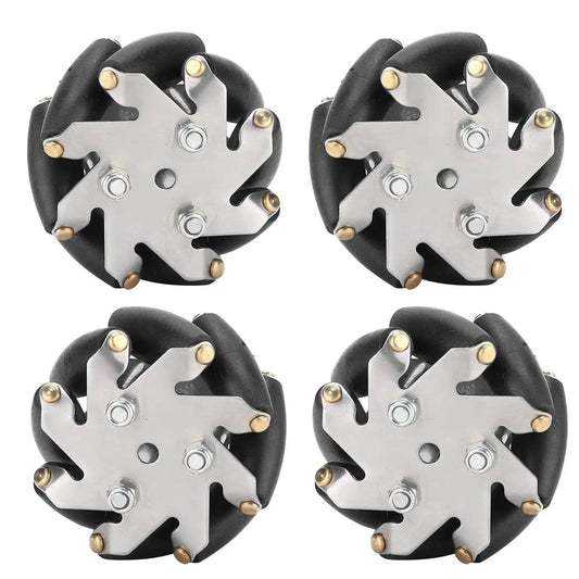 Four Piece 48mm Mecanum Wheel Set for Robot Car Chassis with Directional Left and Right Wheels, each with eight rollers, top view