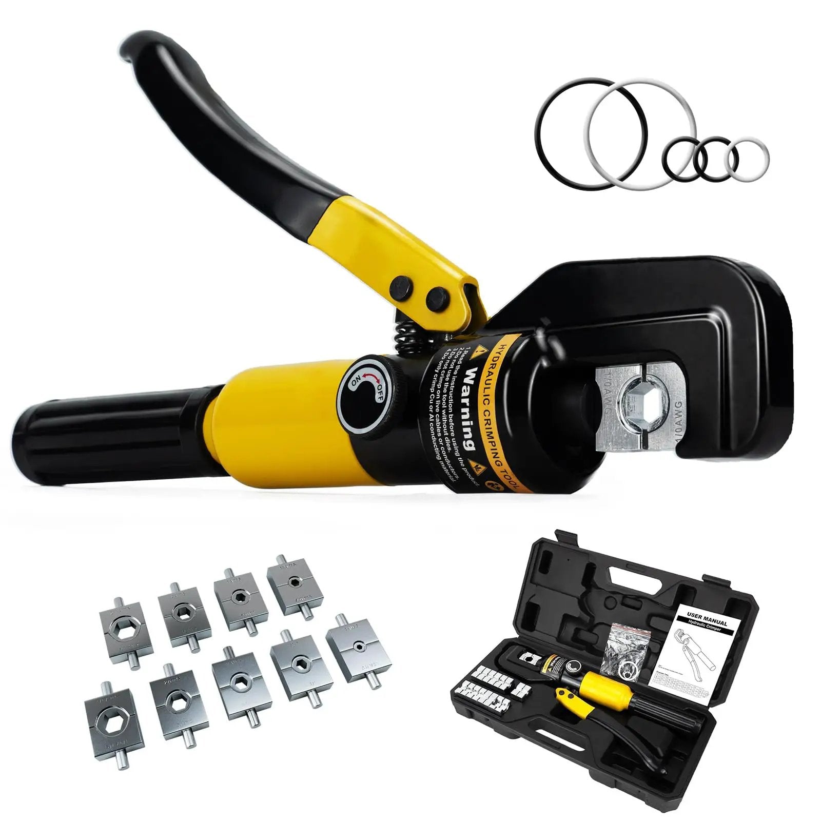 Beefy 10 Ton Hydraulic Crimping Tool Set For 12 AWG To 00 Cable With 9 Hex Dies Battery Cable Crimper Kit Heavy Duty Wire Rope And Battery Terminal Lug Crimping