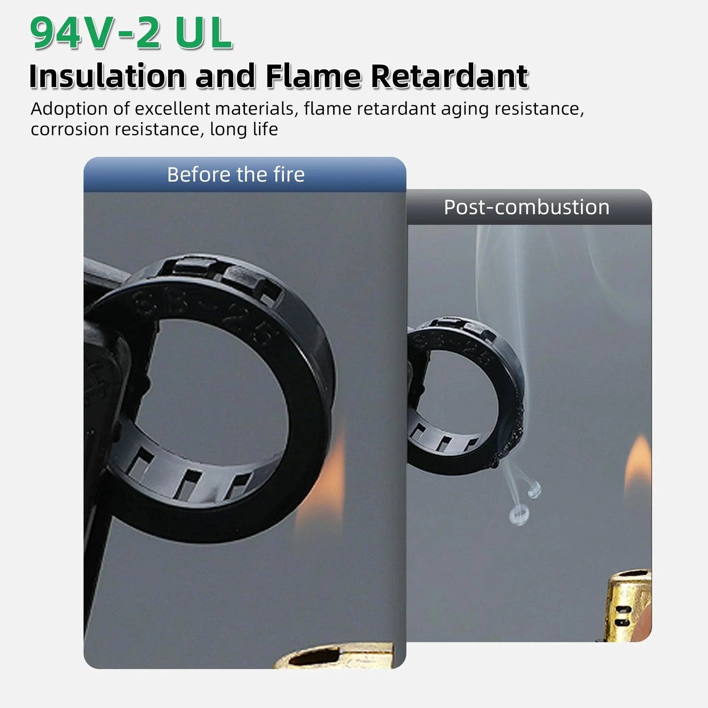 Snap-In Knockout Bushing Grommets 1/2 Inch Black Nylon Plastic Cable Hole Grommets showing flame retardant properties