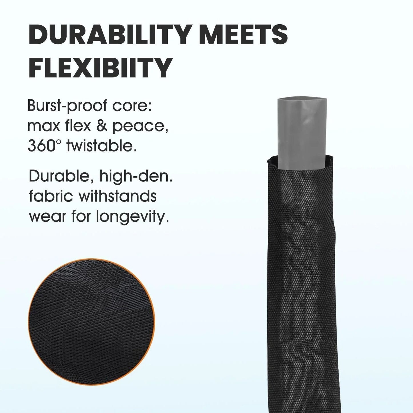 Close-up of Non Expanding 100 Foot Garden Hose With Lightweight Flexible Design For Easy Handling, showing durable black fabric.