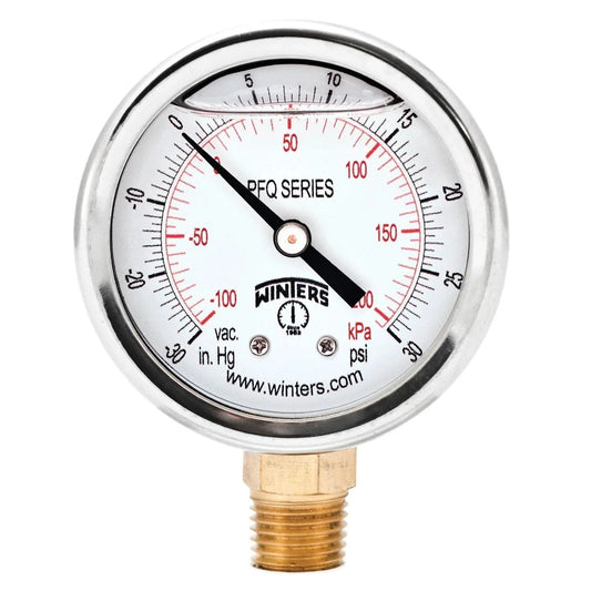 Rugged Liquid Filled Industrial Pressure Gauge With Two And A Half Inch Dial, Brass Internals, 304 Stainless Steel Case, Dual Scale From 30 Hg To 30 Psi And KPa, 1.5 Percent Accuracy, Bottom Mount One Quarter Inch NPT, Pressure And Vacuum Winters