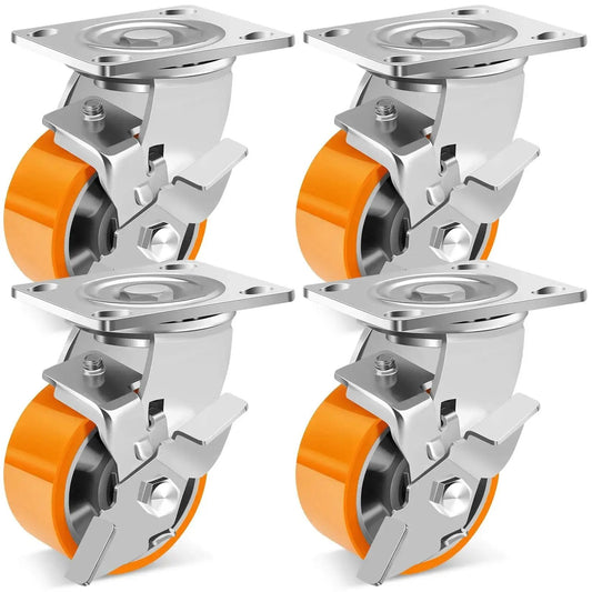 Heavy Duty 4 Inch Industrial Caster Wheels Set Of 4 With Brakes For Machines And Workbenches, 3200 Lb Total Capacity