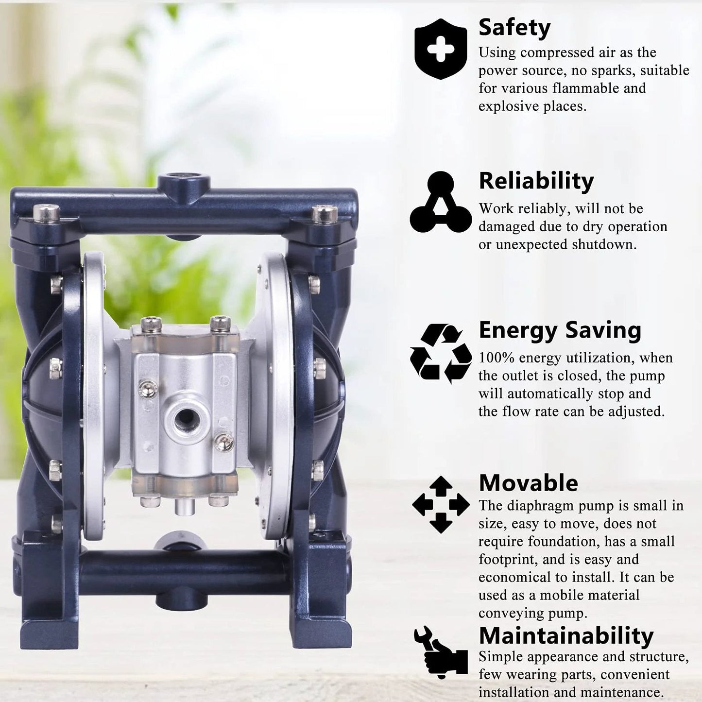 Workhorse Air Operated Diaphragm Pump For Chemical Transfer with 3/8 and 1/4 inlets, industrial design shown with safety features.