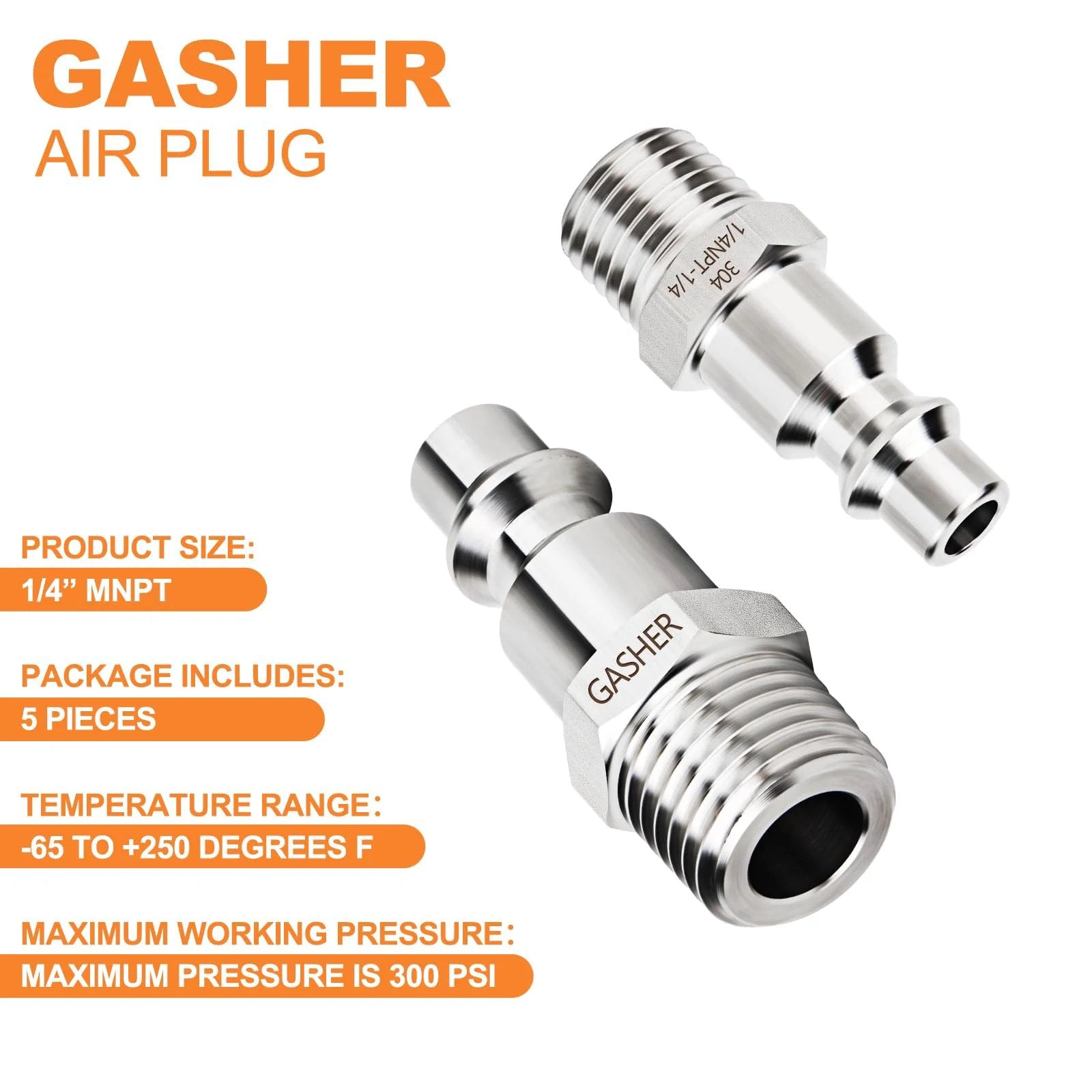Five Pack Industrial Air Plugs In 304 Stainless Steel One Quarter Inch MNPT Threads For High Flow Pneumatic Systems