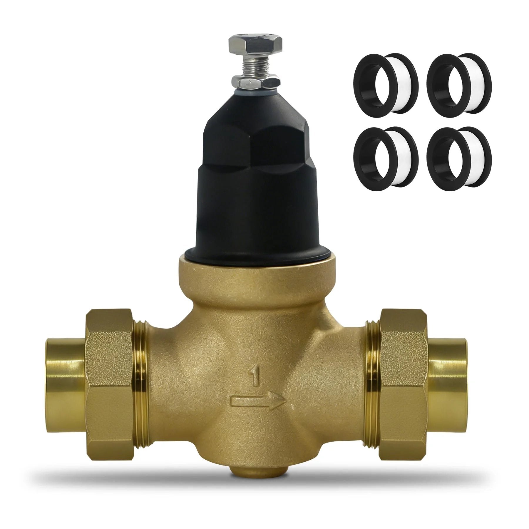 Front view of Upgraded 1 Inch NR3XL Pressure Reducing Valve With Double Union FNPT Connection, including accessories