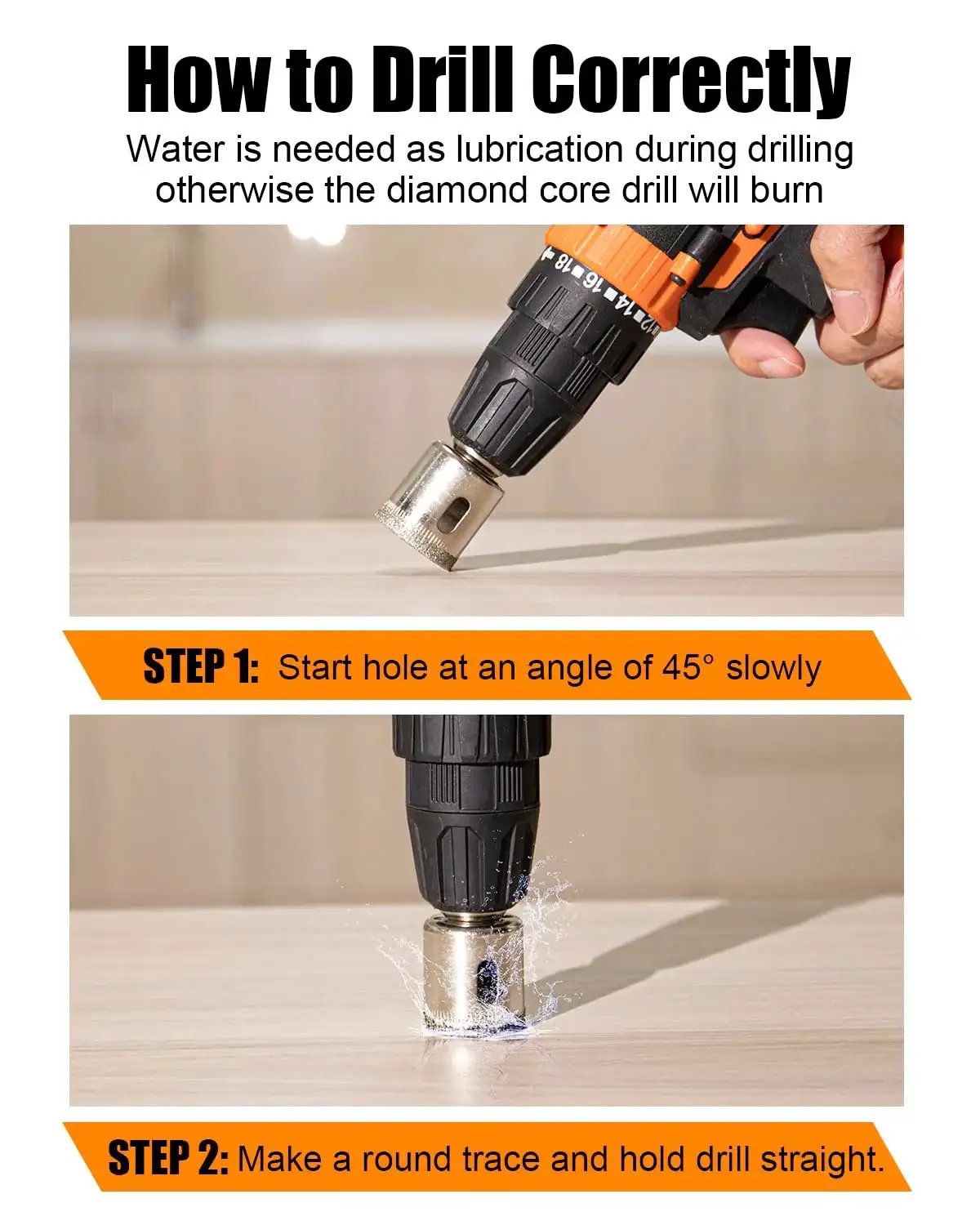 Instructions on using Diamond Drill Bits Set 10 Piece Diamond Hole Saw Kit For Glass, Ceramic Tile, Porcelain, Marble, Granite, Stone And Bottles Pro Grade Carbon Steel Core With Diamond Coating For Fast Clean Sharp Holes
