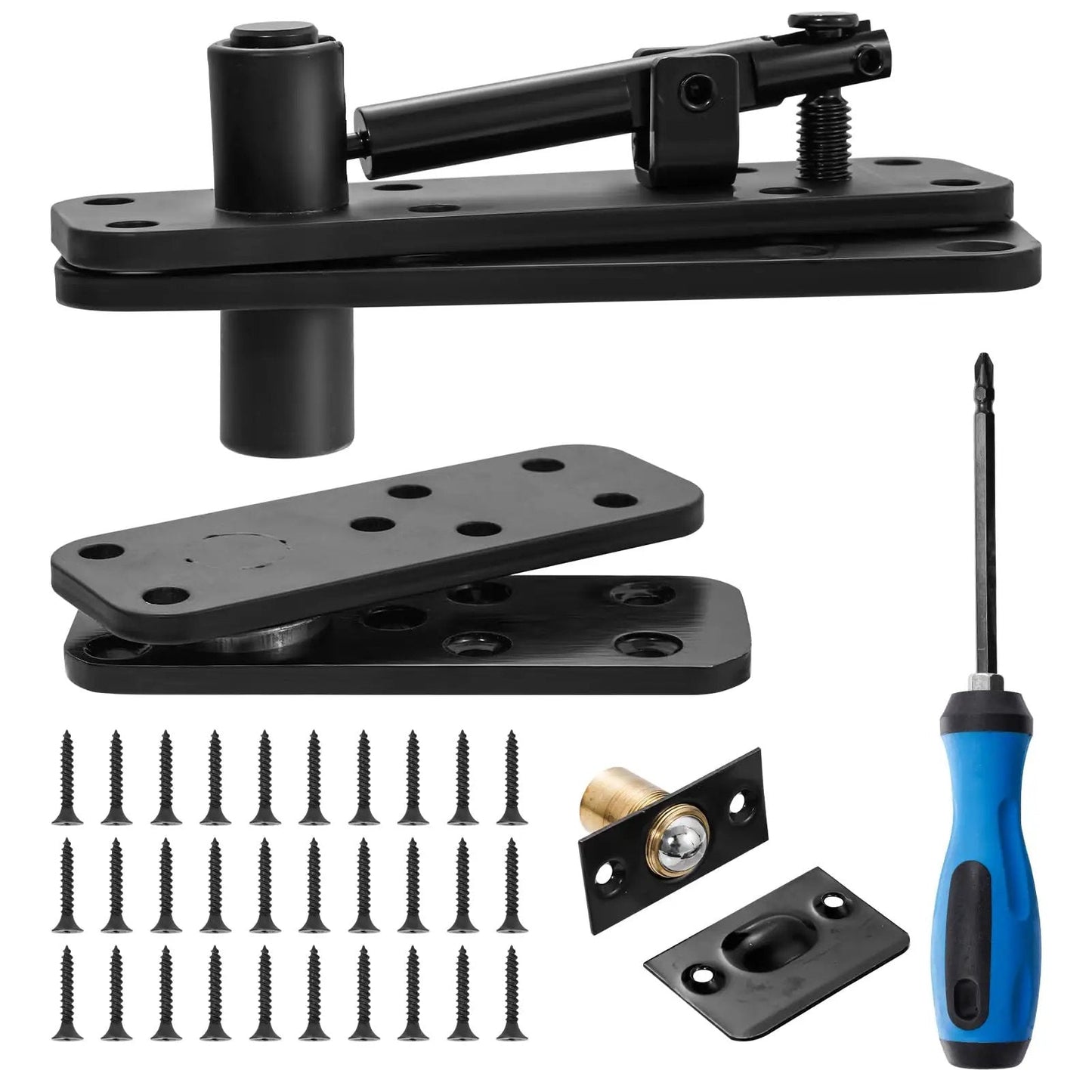 Hidden Door Pivot Hinge For Secret Bookcase Doors Heavy Duty 570 Lbs Load Bearing In 304 Stainless Steel components with screws and screwdriver