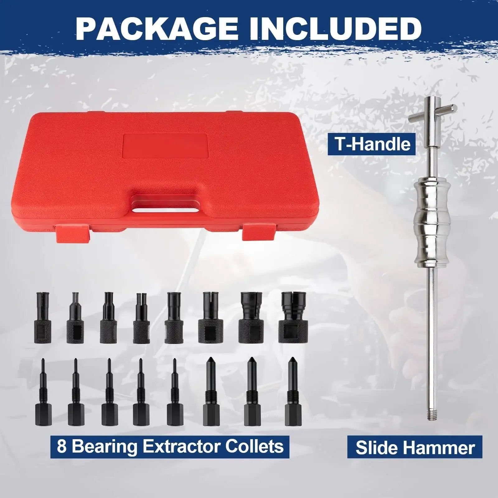 Blind Hole Bearing Puller Set With Slide Hammer And Expandable Collets 8 To 32 Millimeters for automotive use in red case