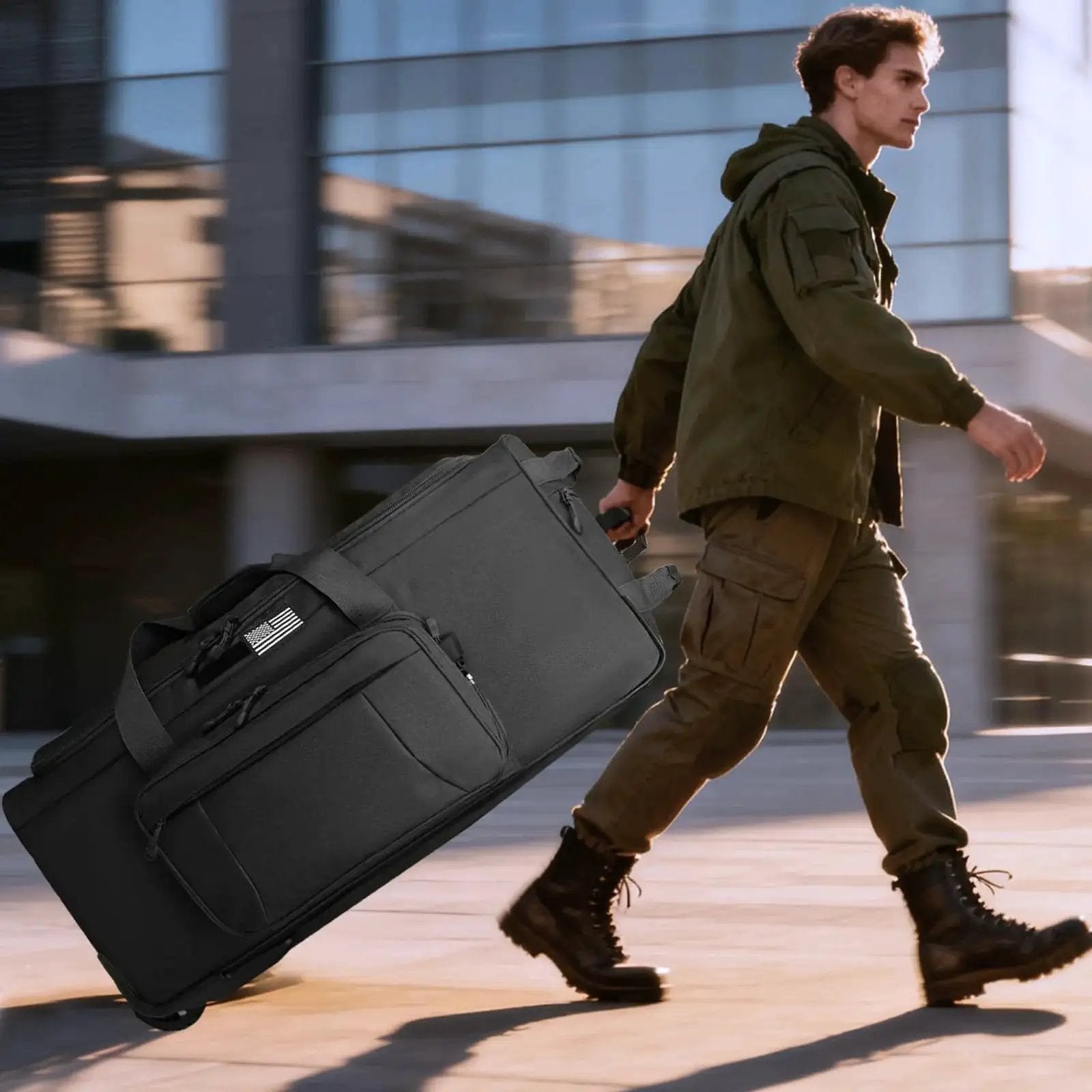 Man walking with Rugged 120L Rolling Duffle Bag With Wheels For Travel And Camping, military style, urban background.