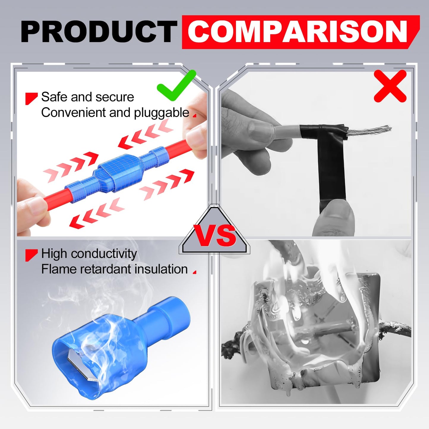 Product comparison of Blue Nylon Insulated Female Spade Connectors for 16-14 AWG Wires with tape wiring.