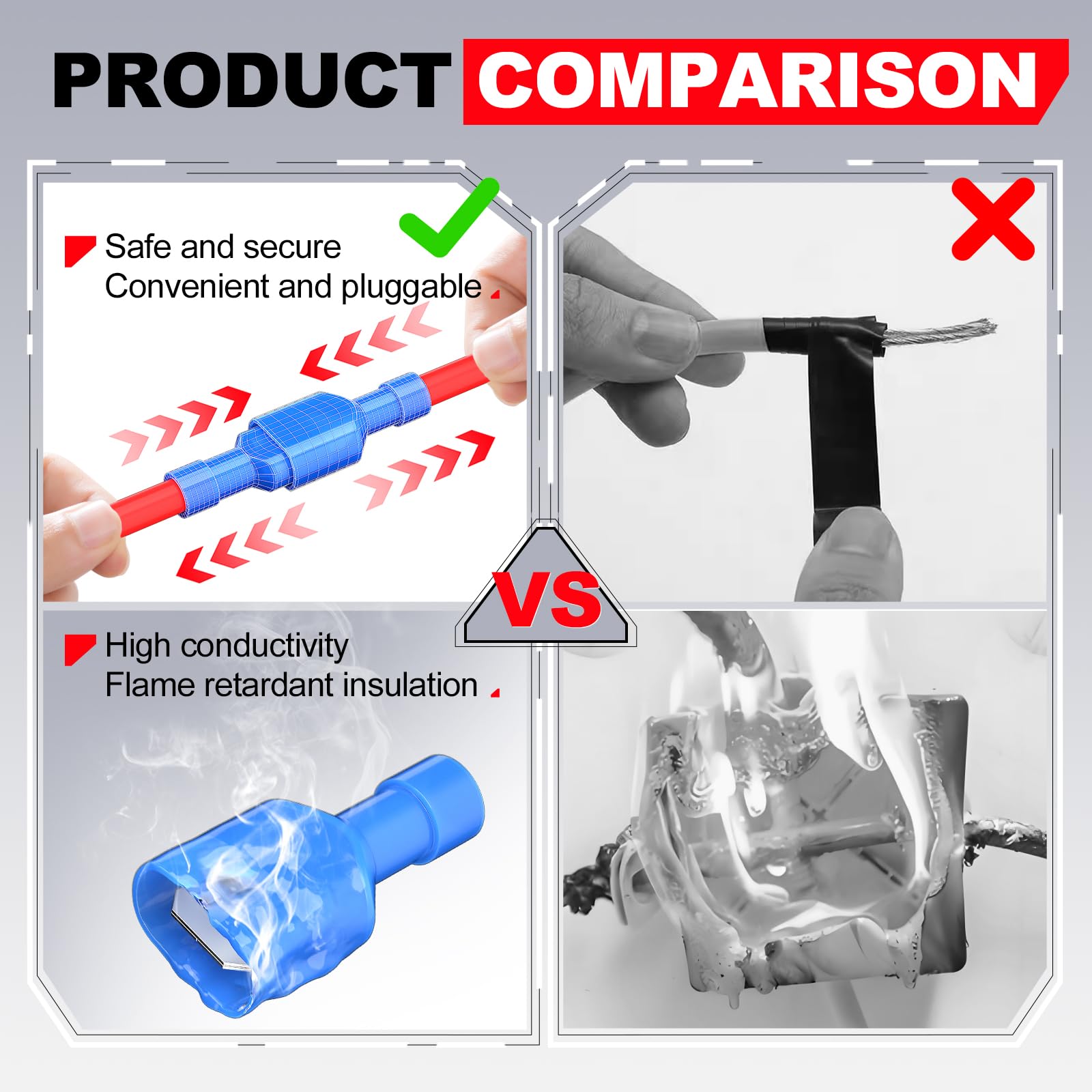 Product comparison of Blue Nylon Insulated Female Spade Connectors for 16-14 AWG Wires with tape wiring.