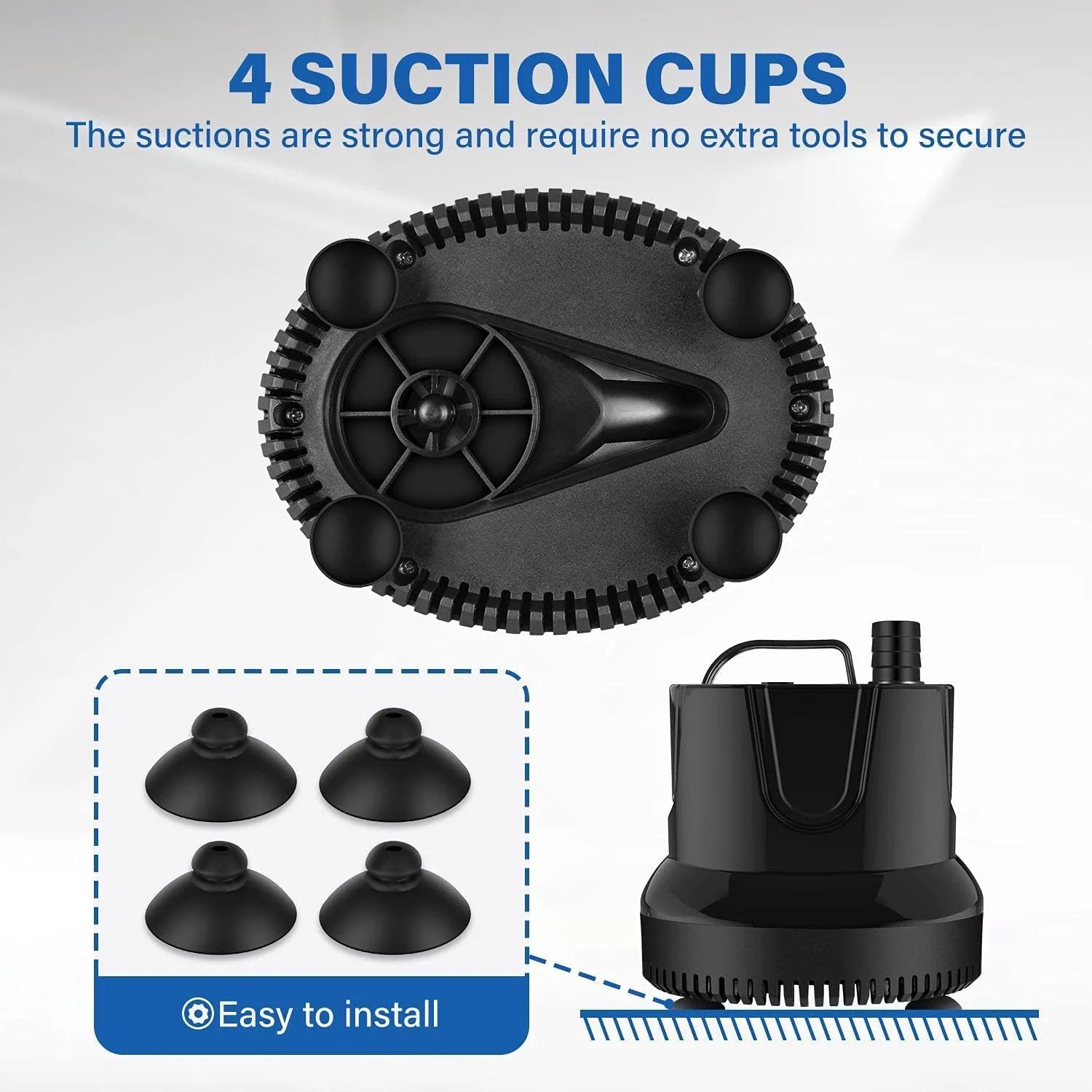 Bottom Suction Submersible Pump 800 GPH 60W With 9.8 Ft Lift And 3 Nozzles showing suction cups and side view