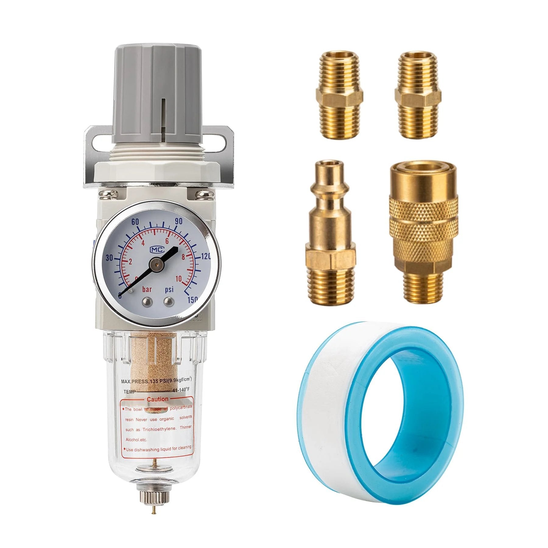Pneumatic Air Compressor Filter Regulator Combo Pro Grade Quarter Inch NPT 150 PSI with brass fittings and Teflon tape