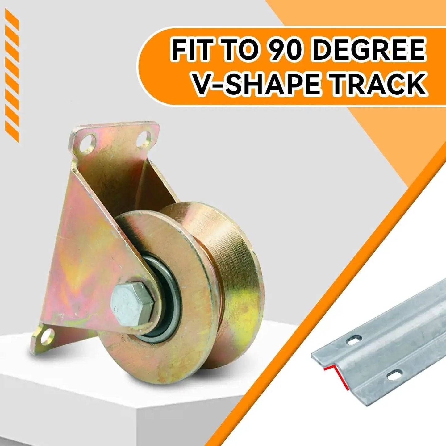 Eight Pack Beefy 2 Inch V Groove Wheel Caster with heavy duty rigid V shape bracket for sliding gates, shown next to track.