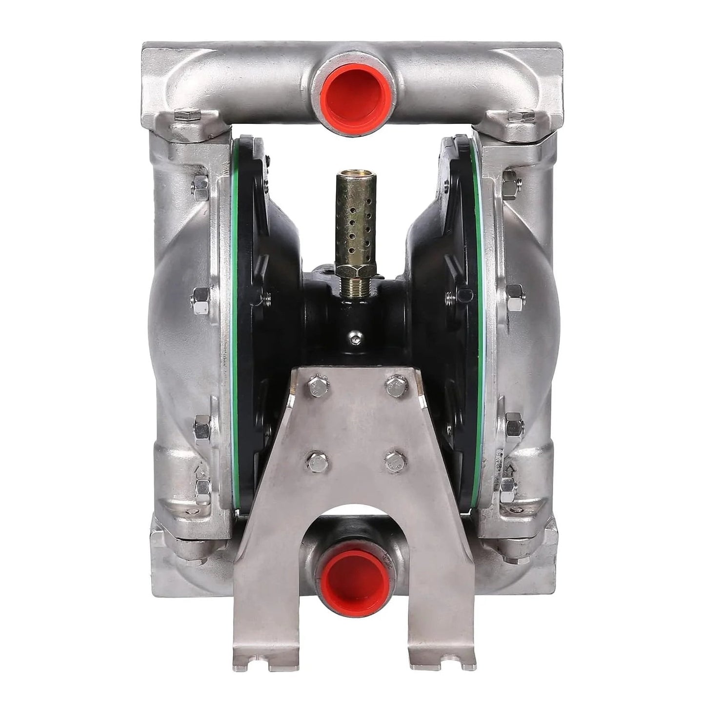 Front view of Air Operated Double Diaphragm Pump For Chemical And Waste Oil Transfer with 1 Inch Inlet and Outlet, stainless steel.