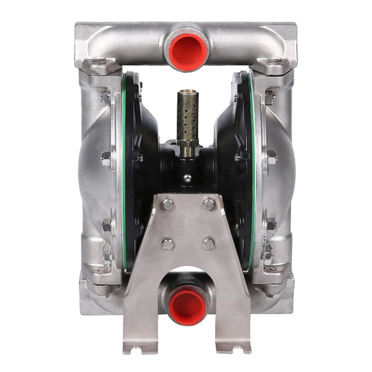 Front view of Air Operated Double Diaphragm Pump For Chemical And Waste Oil Transfer with 1 Inch Inlet and Outlet, stainless steel.