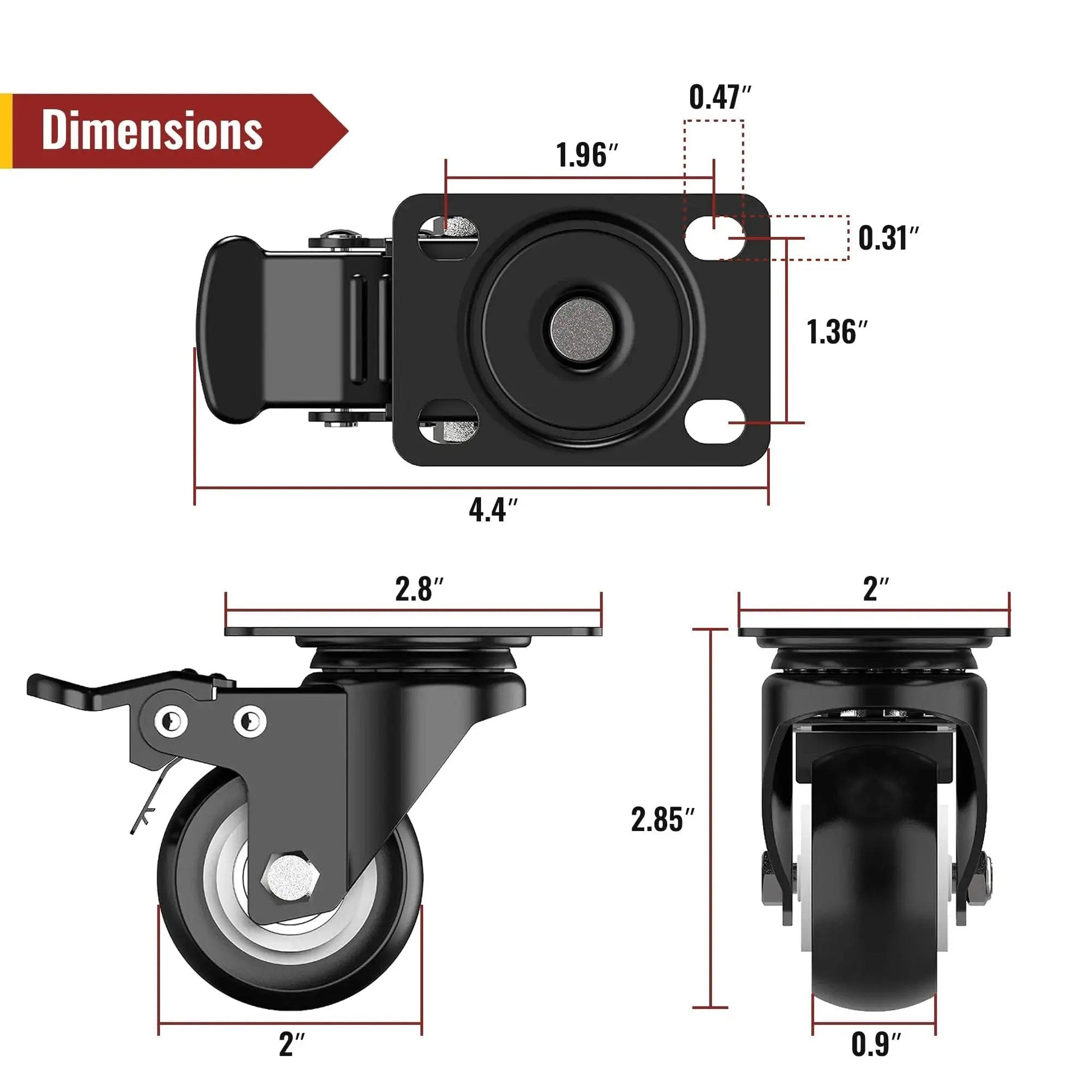 2 Inch Caster Wheels Heavy Duty Swivel Casters With Safety Brake Set Of 4 High Load Capacity 600 Lbs Total for Industrial