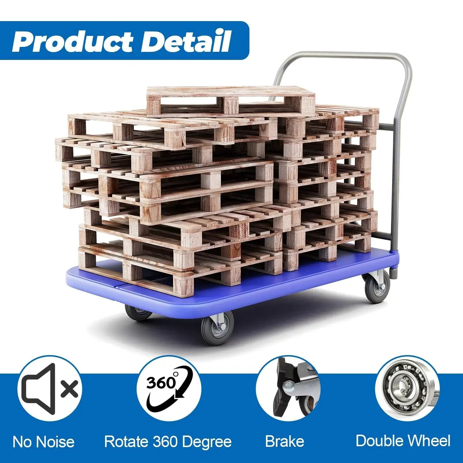 Set Of Four 1-1/2 Inch Low Profile Swivel Casters With Locking Brakes Quiet TPR Rubber Wheels on cart with wooden pallets