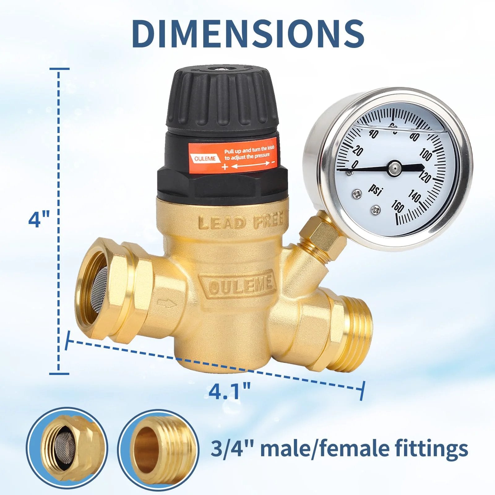 RV Water Pressure Regulator Valve With Adjustable Handle And Dual Filters For Camper And Travel Trailer, brass body with 3/4 inch fittings and silicone gauge.
