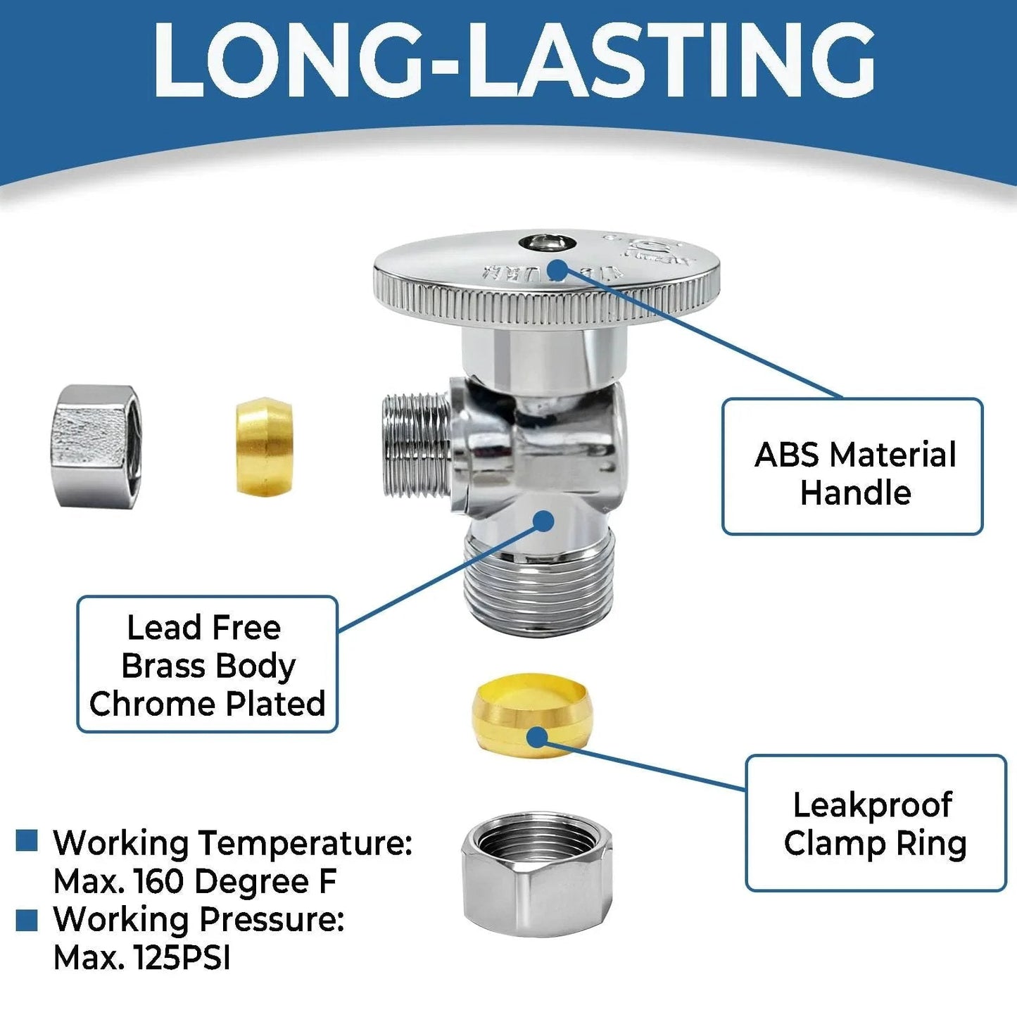 Angle Stop Valve One Half Inch Nominal Compression Inlet To Three Eighths Inch Compression Outlet Quick Install Quarter Turn Water Shut Off Valve For Toilet And Faucet Plumbing Lead Free Brass One Pack with labeled parts