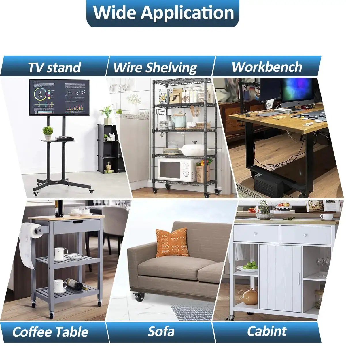 Image showing wide application of Heavy Duty 3 Inch Swivel Caster Wheels with different furniture including TV stand, wire shelving, and more.