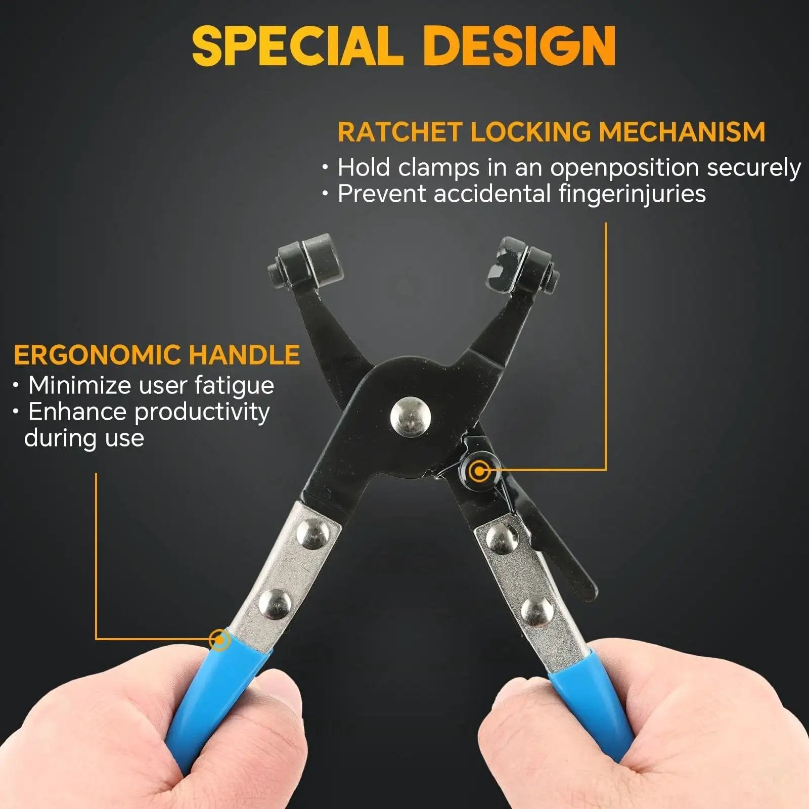 Close-up view of Long Reach Hose Clamp Pliers Set for Auto Fuel Oil Water Hoses 9 Pieces with ergonomic handles and ratchet locking mechanism.