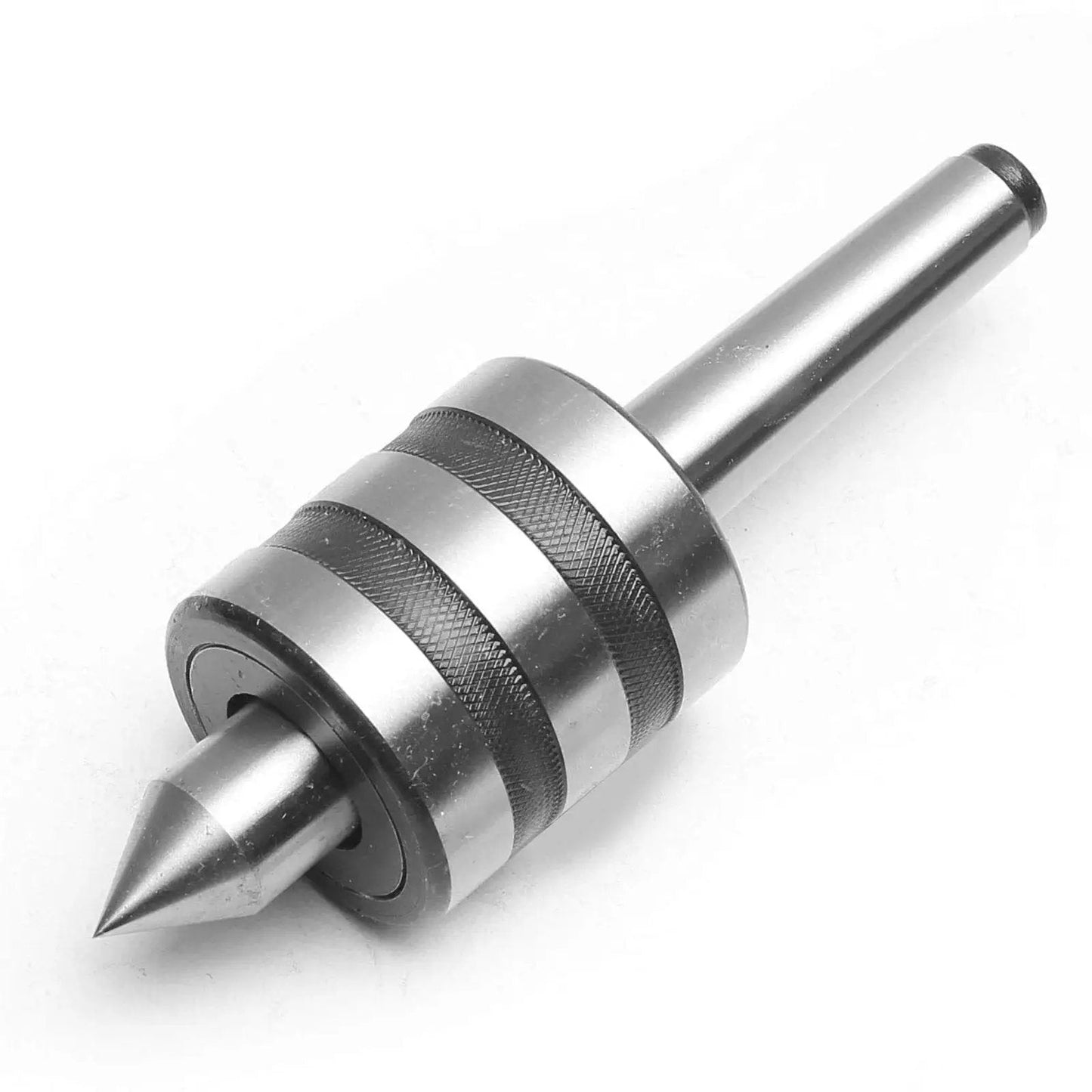 Front view of MT2 Live Center With Triple Bearing Spindle For Lathe And CNC Turning, Built Tough Hardened Steel Precision Rotating Center.