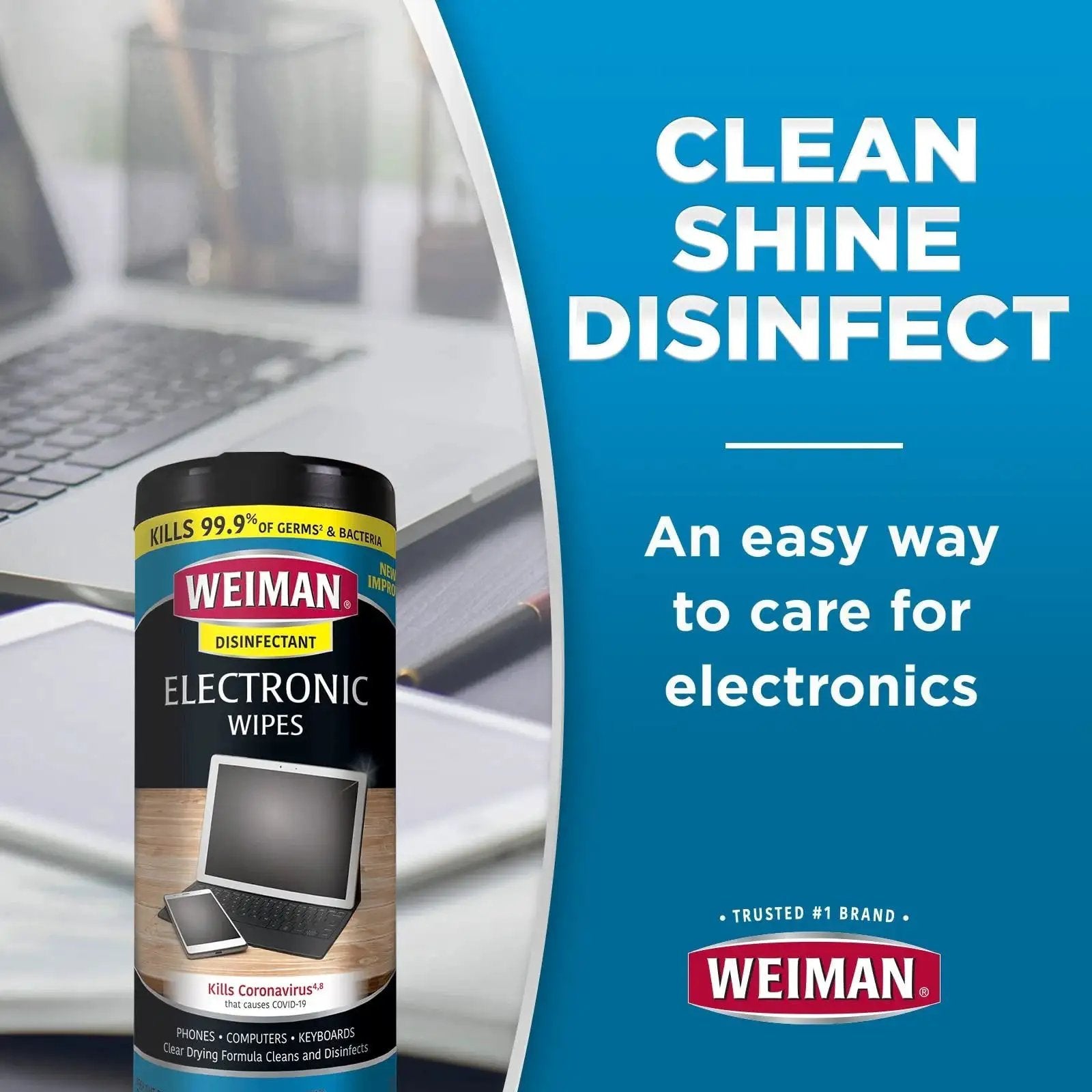 Electronic Screen Cleaner Wipes 4 Pack For Laptops Computers And TVs Kills Germs, Weiman brand with cleaning benefits emphasized.