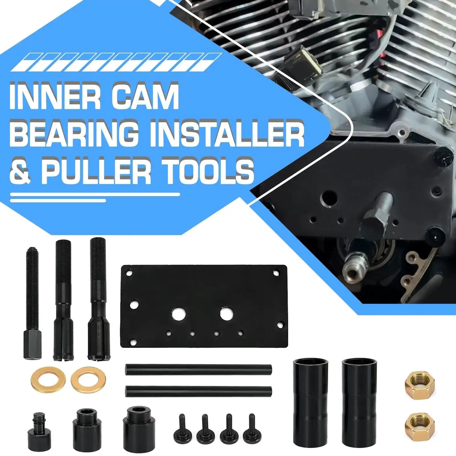 Inner Cam Bearing Installer And Puller Tool For Harley Twin Cam Engines 1999 To 2017 with parts and engine view