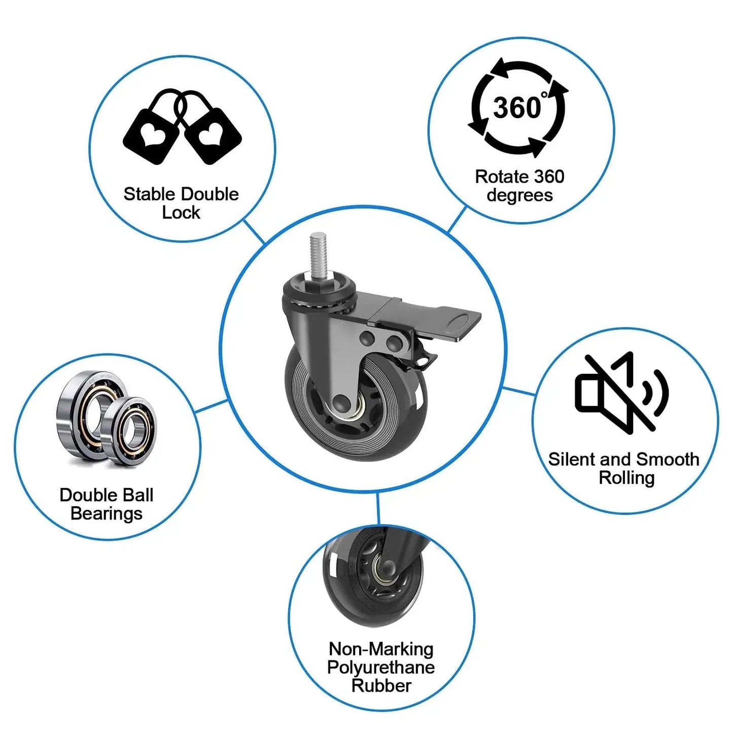 Three Inch Swivel Stem Caster Wheels Set Of Four With Two Brakes And Two Without Brakes Heavy Duty Threaded Stem Five Sixteenth Inch Eighteen TPI