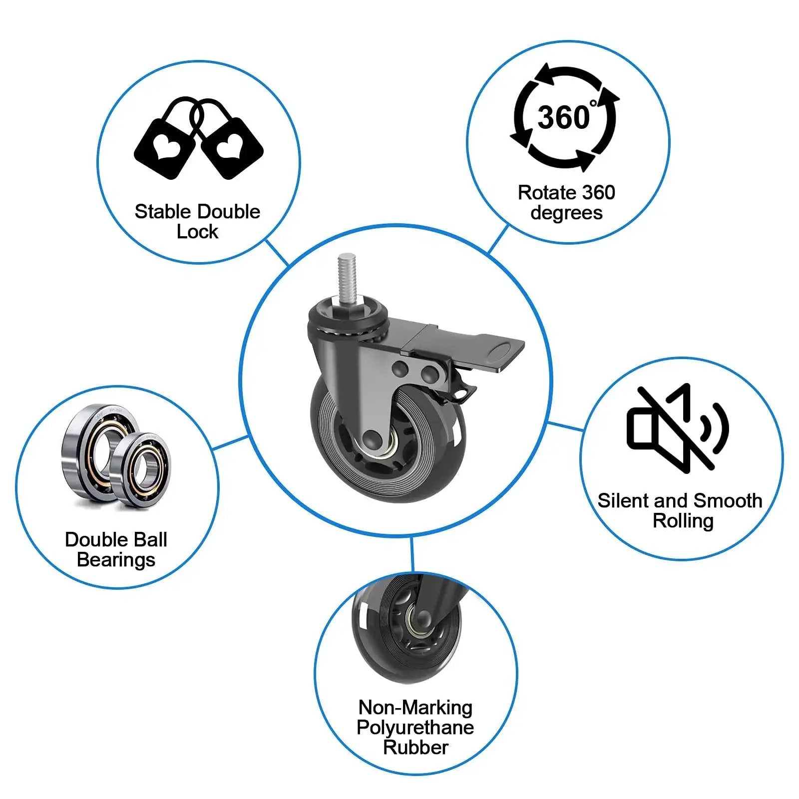 Three Inch Swivel Stem Caster Wheels Set Of Four With Two Brakes And Two Without Brakes Heavy Duty Threaded Stem Five Sixteenth Inch Eighteen TPI