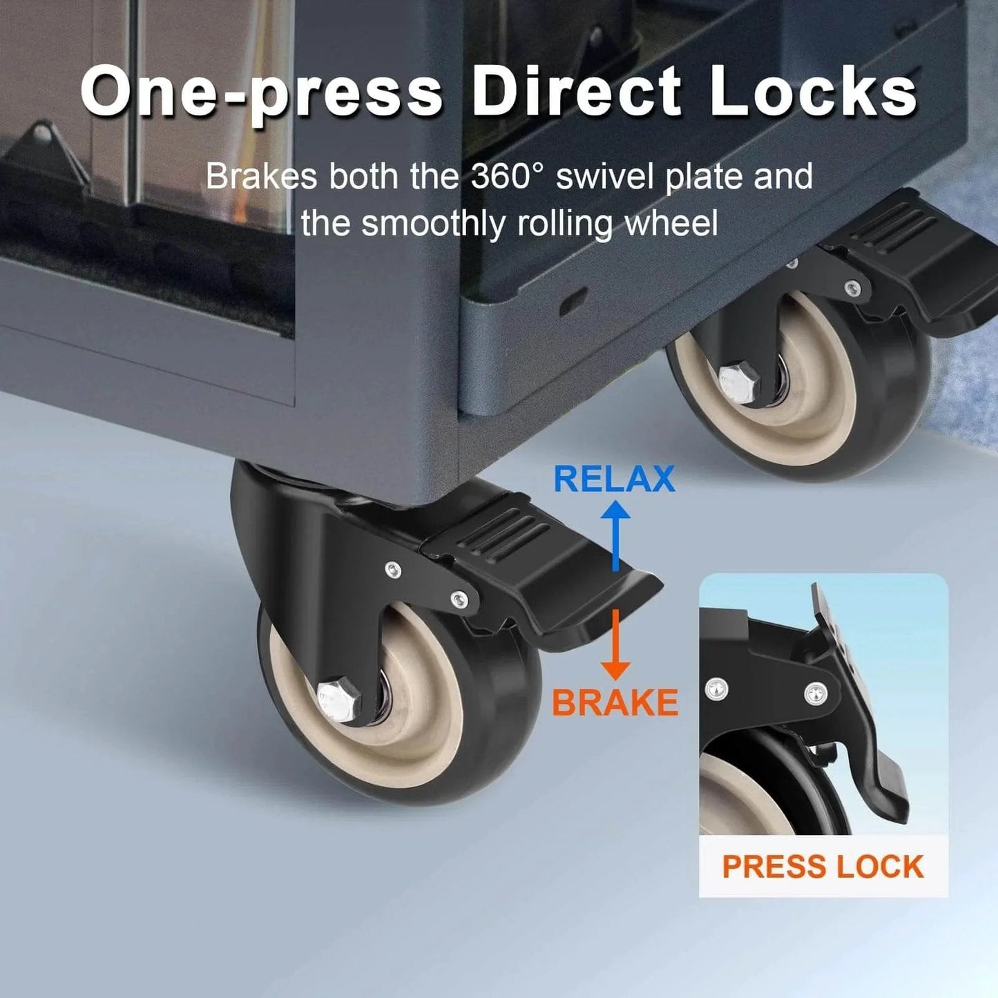 4 Inch Heavy Duty Industrial Caster Wheels Set Of 4 With Dual Locking Brakes, showing one-press direct lock mechanism, 2200 lbs capacity.
