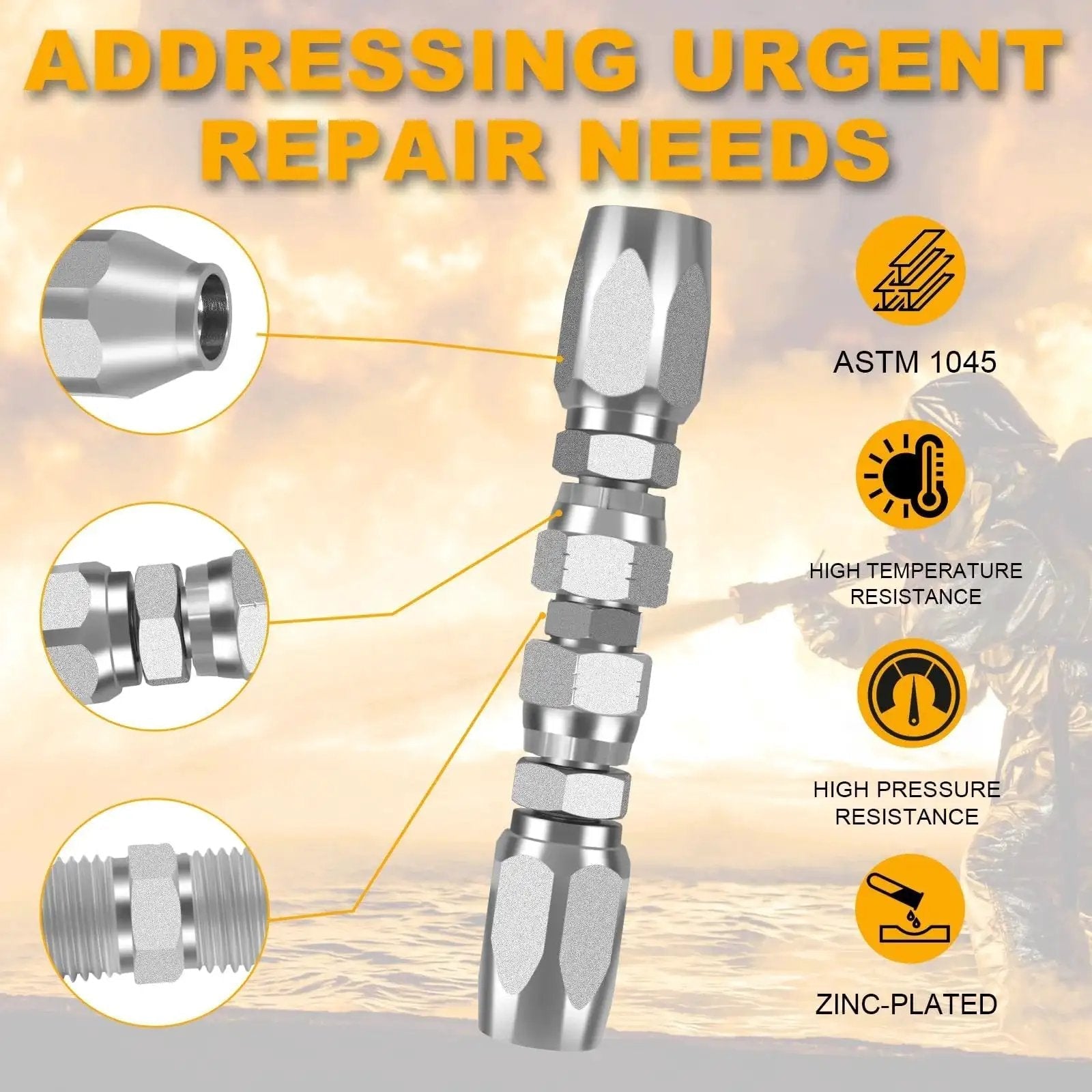 Three Pack Reusable Hydraulic Hose Repair Kit With One Quarter Inch Three Eighths Inch And One Half Inch Inner Diameter Fittings shown in detail.