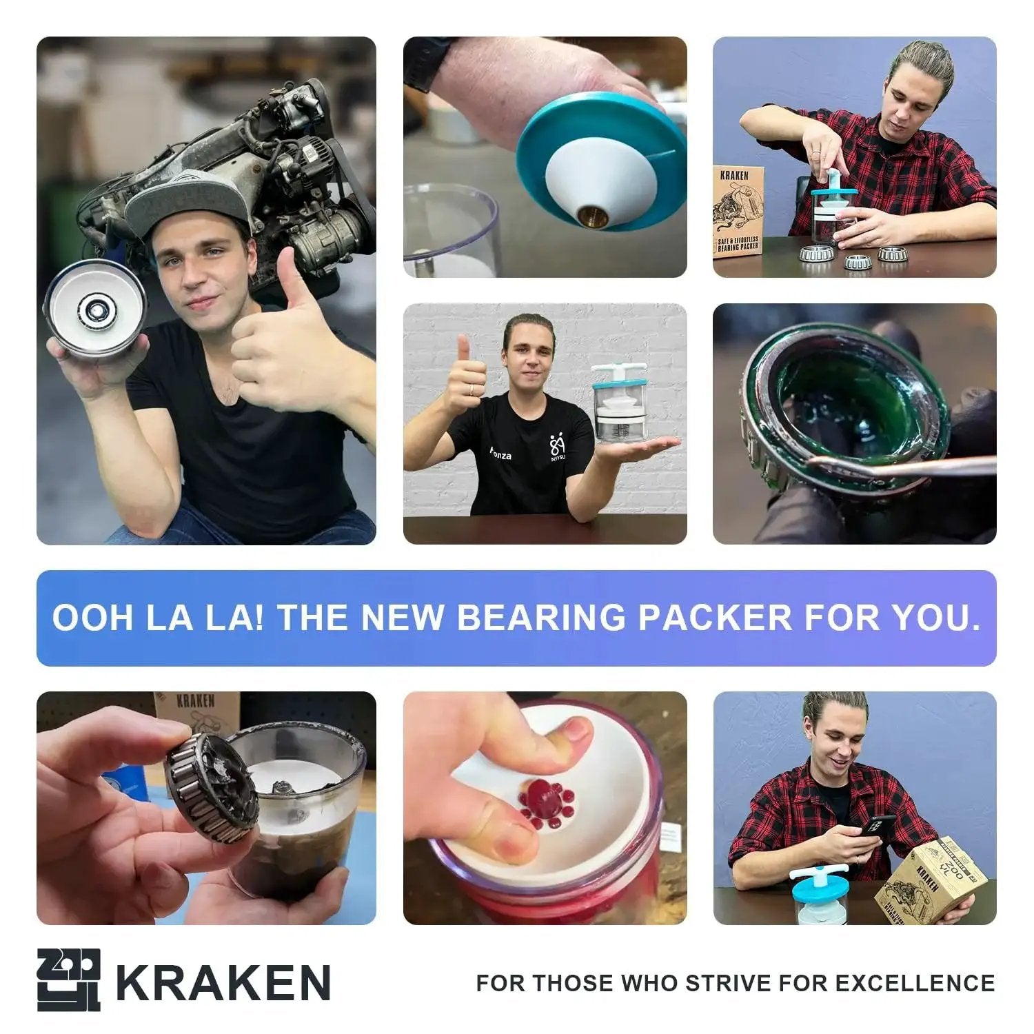 Collage of a Rotation Handle Bearing Packer Tool Inject Grease Safely Easily and Effortlessly in use with focus on application.