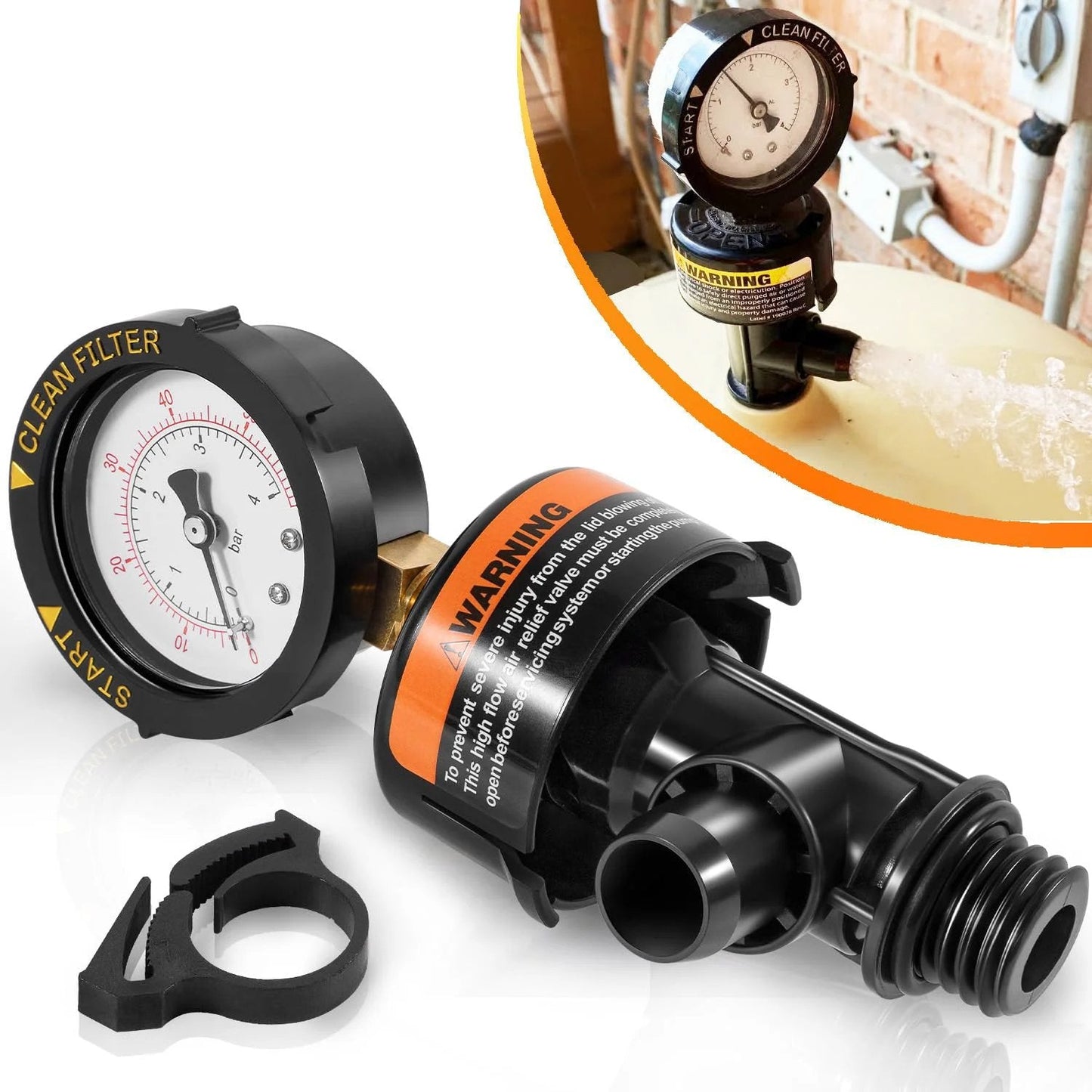 High Flow Manual Relief Valve With Integrated Pressure Gauge For Pool And Spa Cartridge Filters Replacement, Go To Air Relief Valve Assembly That Fits Clean And Clear CC CCP Series And Warrior EasyClean FNS Systems For Aboveground Pools showing parts and installation on filter